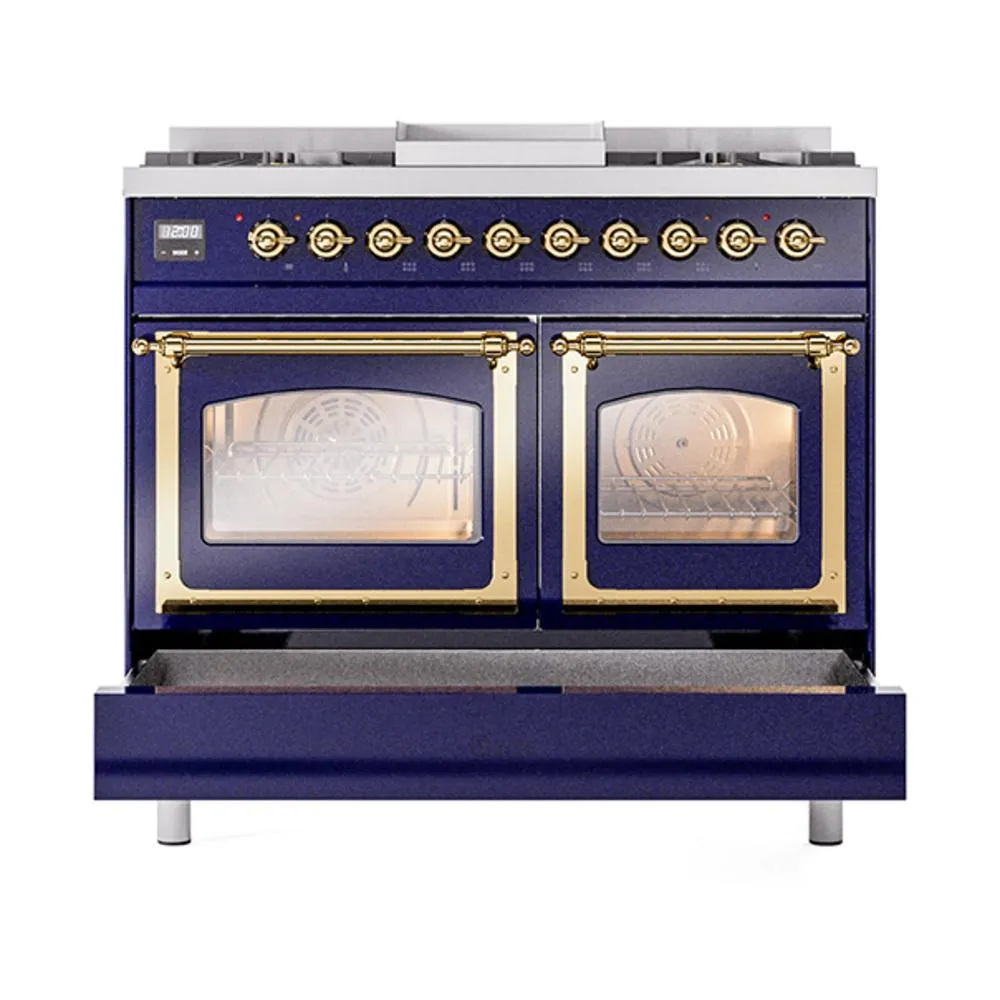 Ilve UND40FNMPMBGLP Ilve Und40Fnmpmbglp Nostalgie Ii Noblesse 40" Dual Fuel Range (Liquid Propane, Triple Glass Door, Midnight Blue, Brass)