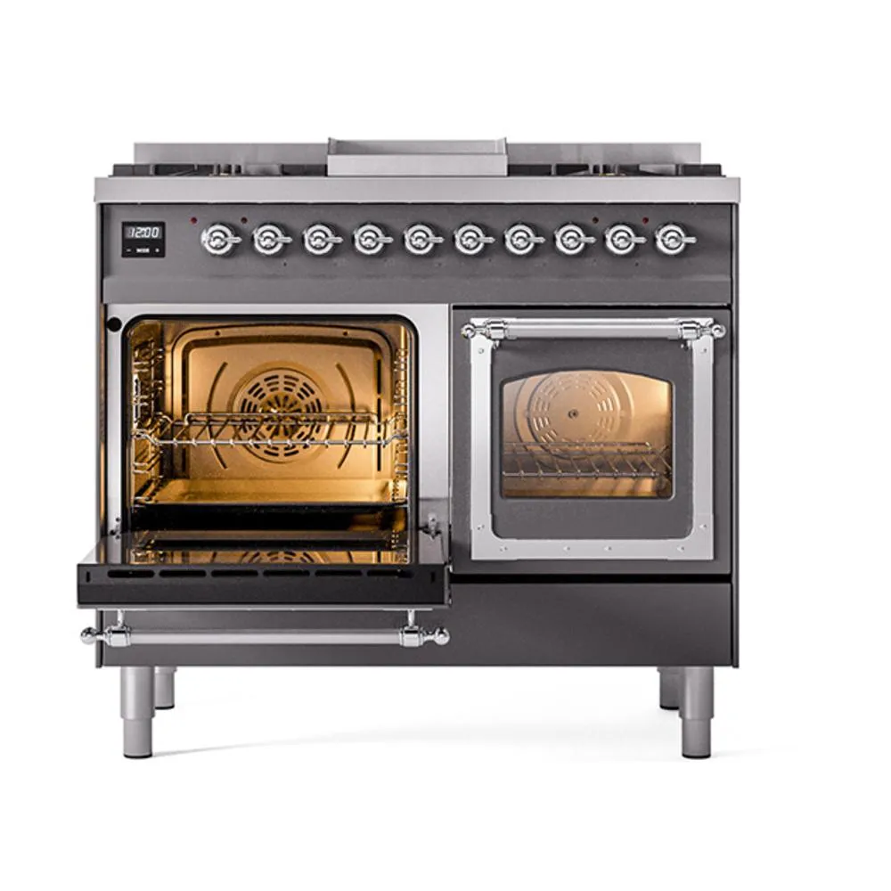 Ilve UND40FNMPMGCLP Ilve Und40Fnmpmgclp Nostalgie Ii Noblesse 40" Dual Fuel Range (Liquid Propane, Triple Glass Door, Graphite Matte, Chrome)