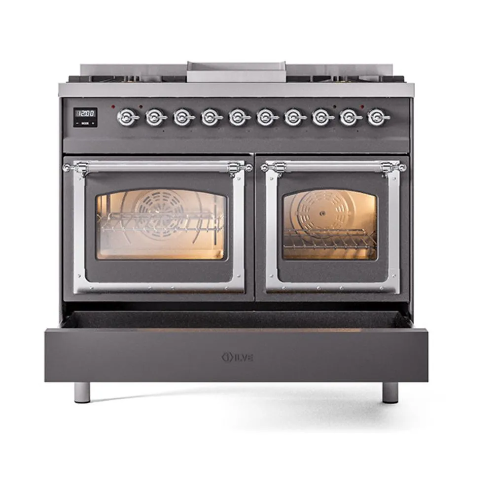 Ilve UND40FNMPMGCLP Ilve Und40Fnmpmgclp Nostalgie Ii Noblesse 40" Dual Fuel Range (Liquid Propane, Triple Glass Door, Graphite Matte, Chrome)