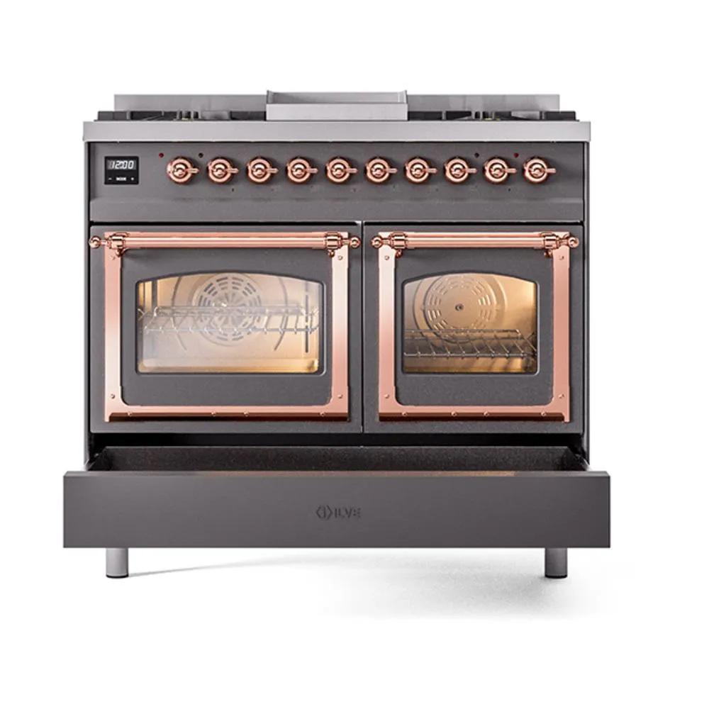 Ilve UND40FNMPMGPLP Ilve Und40Fnmpmgplp Nostalgie Ii Noblesse 40" Dual Fuel Range (Liquid Propane, Triple Glass Door, Graphite Matte, Copper)