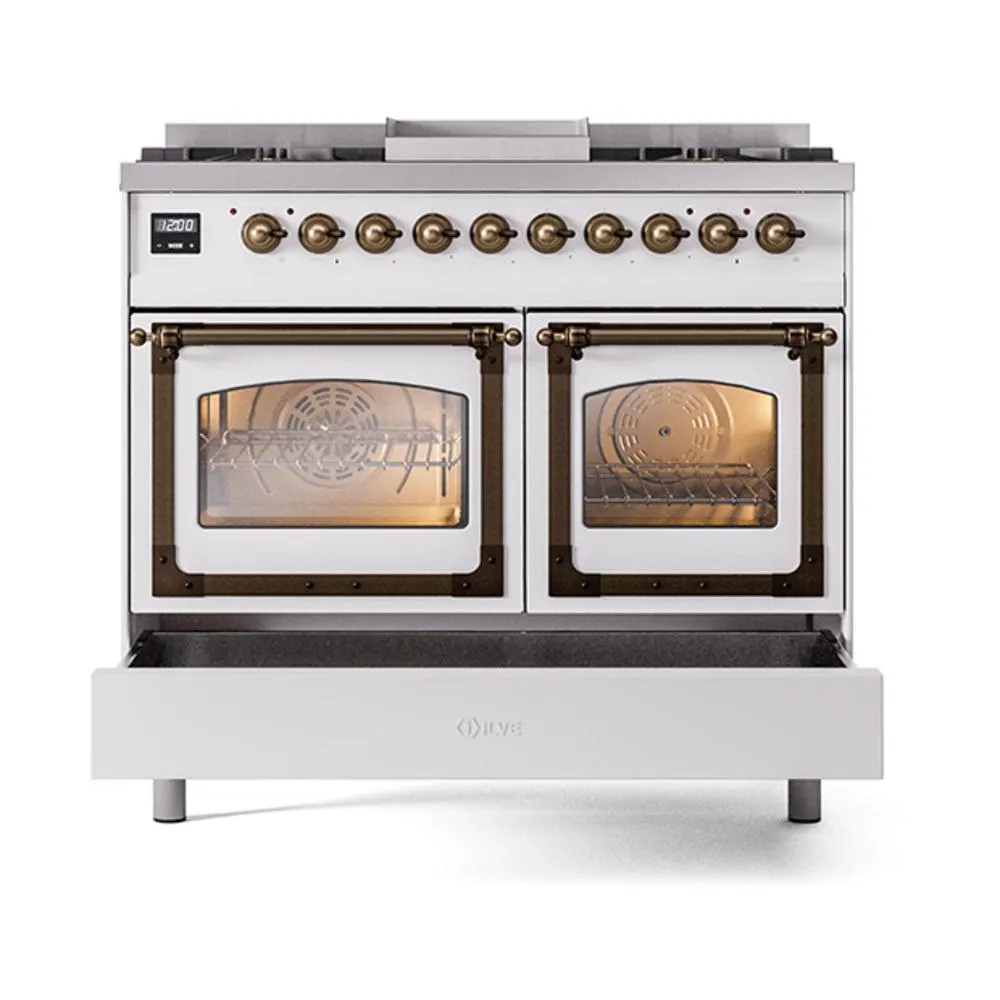 Ilve UND40FNMPWHB Ilve Und40Fnmpwhb Nostalgie Ii Noblesse 40" Dual Fuel Range (Natural Gas, Triple Glass Door, White, Burnished)