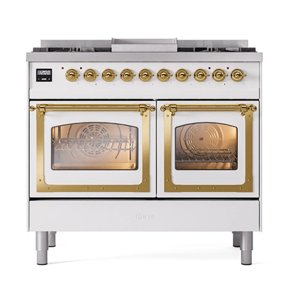 Ilve UND40FNMPWHG Ilve Und40Fnmpwhg Nostalgie Ii Noblesse 40" Dual Fuel Range (Natural Gas, Triple Glass Door, White, Brass)