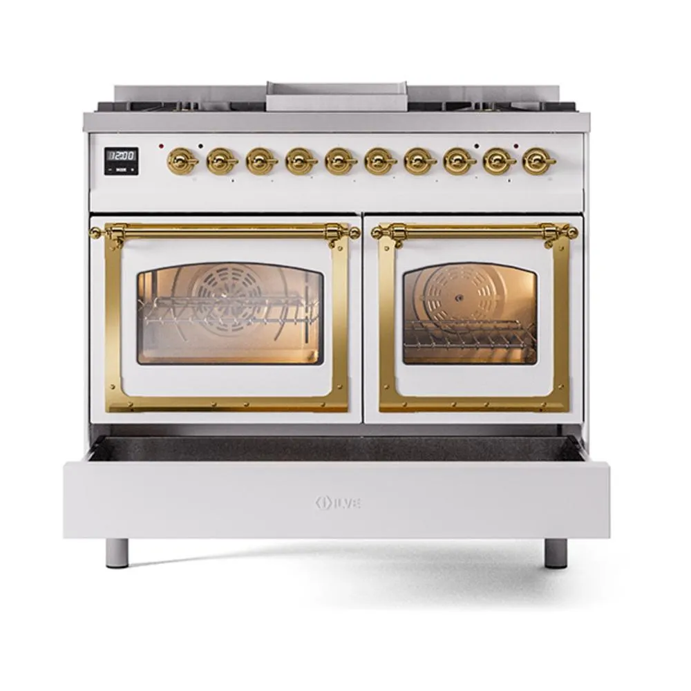 Ilve UND40FNMPWHG Ilve Und40Fnmpwhg Nostalgie Ii Noblesse 40" Dual Fuel Range (Natural Gas, Triple Glass Door, White, Brass)