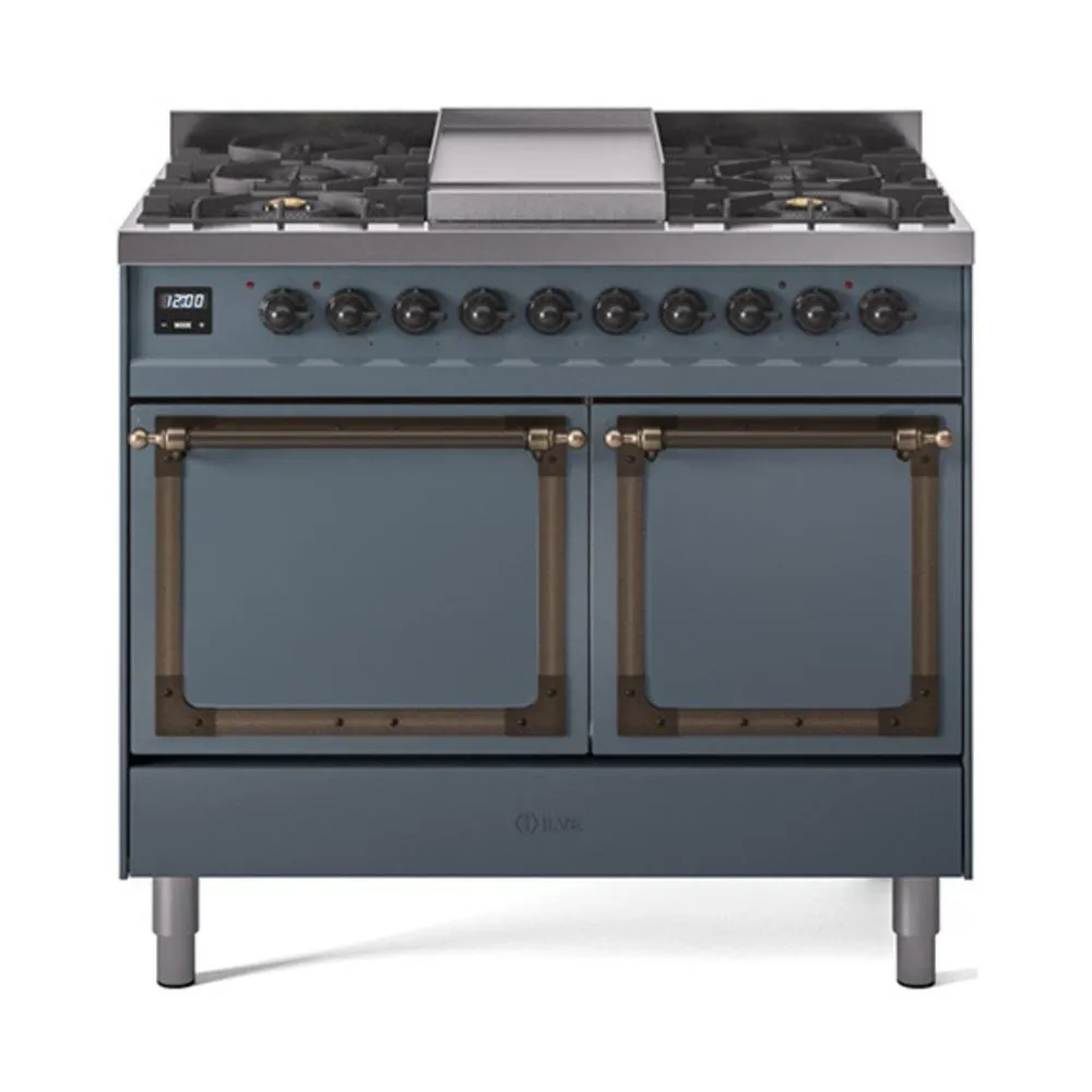 Ilve UND40FQNMPBGB Ilve Und40Fqnmpbgb Nostalgie Ii Noblesse 40" Dual Fuel Range (Natural Gas, Solid Door, Blue Grey, Burnished)