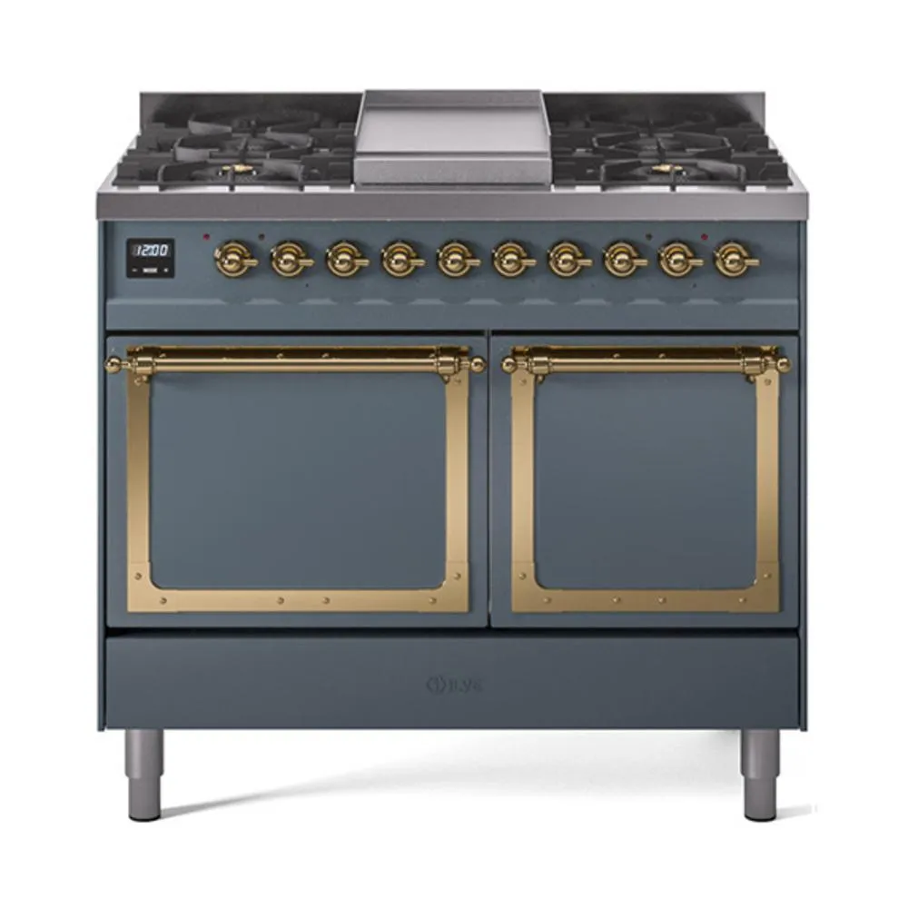 Ilve UND40FQNMPBGG Ilve Und40Fqnmpbgg Nostalgie Ii Noblesse 40" Dual Fuel Range (Natural Gas, Solid Door, Blue Grey, Brass)