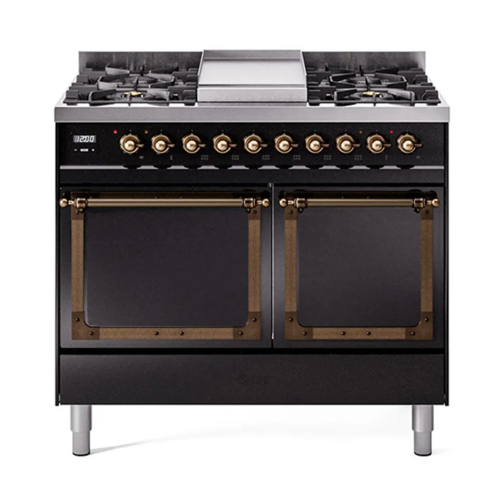 Ilve UND40FQNMPBKB Ilve Und40Fqnmpbkb Nostalgie Ii Noblesse 40" Dual Fuel Range (Natural Gas, Solid Door, Glossy Black, Burnished)