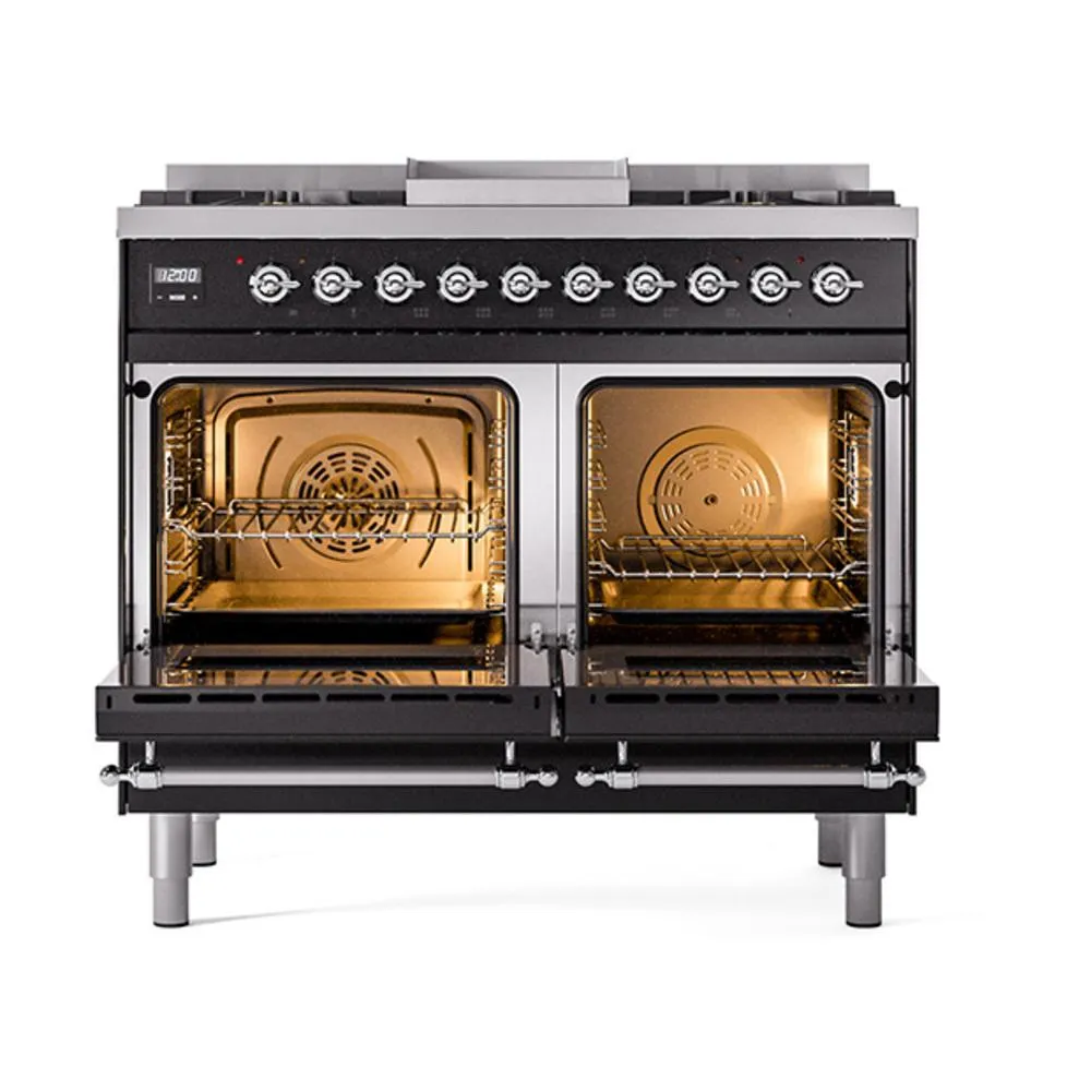 Ilve UND40FQNMPBKC Ilve Und40Fqnmpbkc Nostalgie Ii Noblesse 40" Dual Fuel Range (Natural Gas, Solid Door, Glossy Black, Chrome)