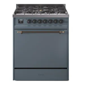 Ilve UP30QNMPBGB Nostalgie Ii 30 Inch Dual Fuel Natural Gas Freestanding Range In Blue Grey With Bronze Trim