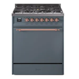 Ilve UP30QNMPBGP Nostalgie Ii 30 Inch Dual Fuel Natural Gas Freestanding Range In Blue Grey With Copper Trim