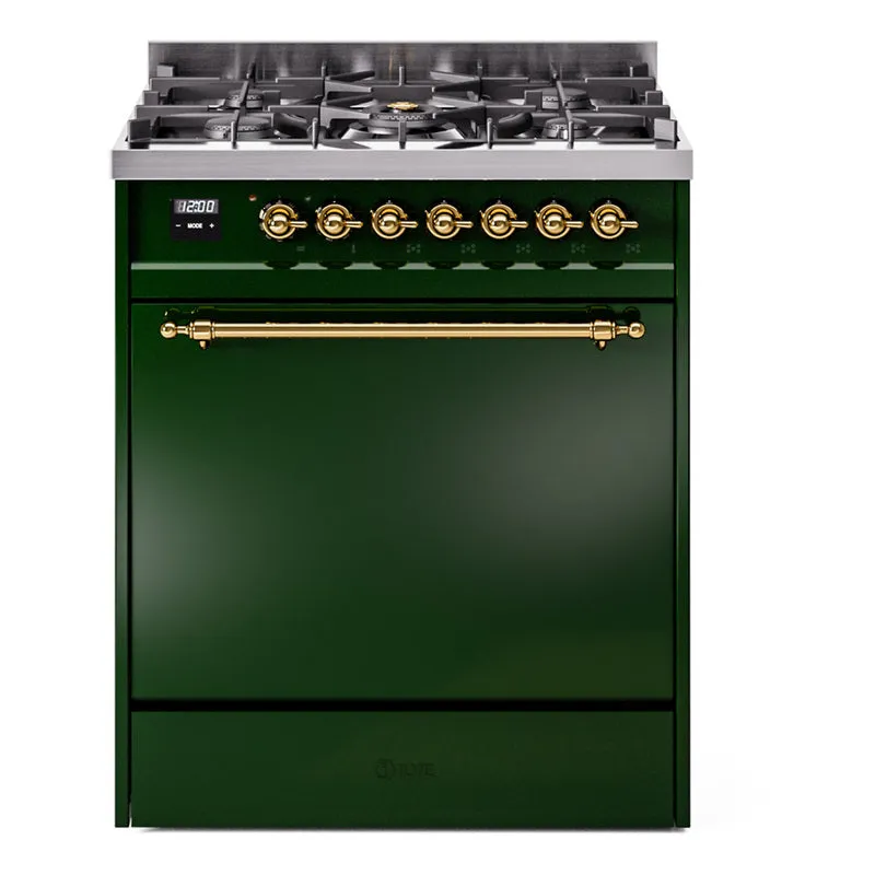 Ilve UP30QNMPEGGLP Nostalgie Ii 30 Inch Dual Fuel Liquid Propane Freestanding Range In Emerald Green With Brass Trim