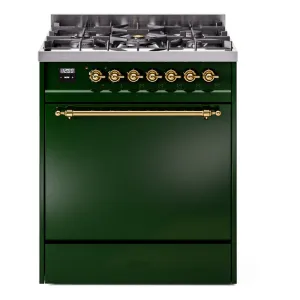 Ilve UP30QNMPEGGLP Nostalgie Ii 30 Inch Dual Fuel Liquid Propane Freestanding Range In Emerald Green With Brass Trim
