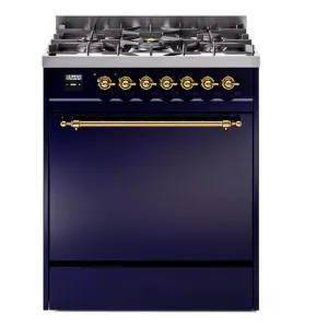 Ilve UP30QNMPMBG Nostalgie Ii 30 Inch Dual Fuel Natural Gas Freestanding Range In Blue With Brass Trim