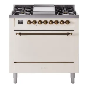Ilve UP36FQNMPAWBLP Nostalgie Ii 36 Inch Dual Fuel Liquid Propane Freestanding Range In Antique White With Bronze Trim