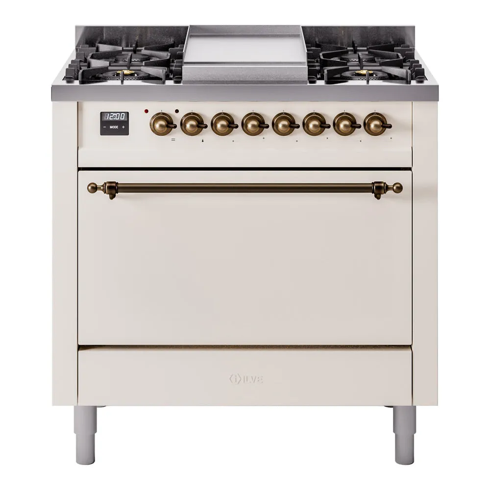 Ilve UP36FQNMPAWBLP Nostalgie Ii 36 Inch Dual Fuel Liquid Propane Freestanding Range In Antique White With Bronze Trim