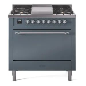 Ilve UP36FQNMPBGC Nostalgie Ii 36 Inch Dual Fuel Natural Gas Freestanding Range In Blue Grey With Chrome Trim