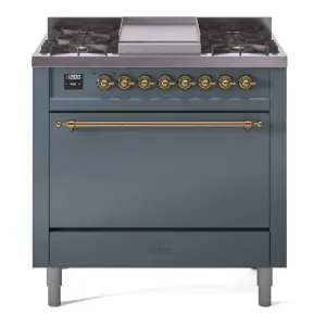 Ilve UP36FQNMPBGG Nostalgie Ii 36 Inch Dual Fuel Natural Gas Freestanding Range In Blue Grey With Brass Trim