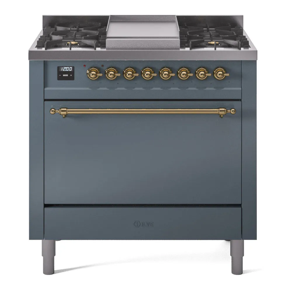 Ilve UP36FQNMPBGG Nostalgie Ii 36 Inch Dual Fuel Natural Gas Freestanding Range In Blue Grey With Brass Trim