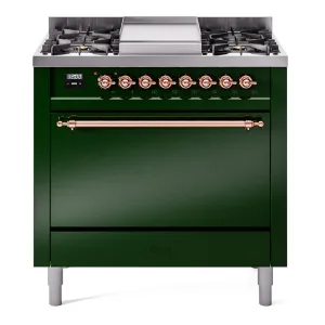 Ilve UP36FQNMPEGP Nostalgie Ii 36 Inch Dual Fuel Natural Gas Freestanding Range In Emerald Green With Copper Trim