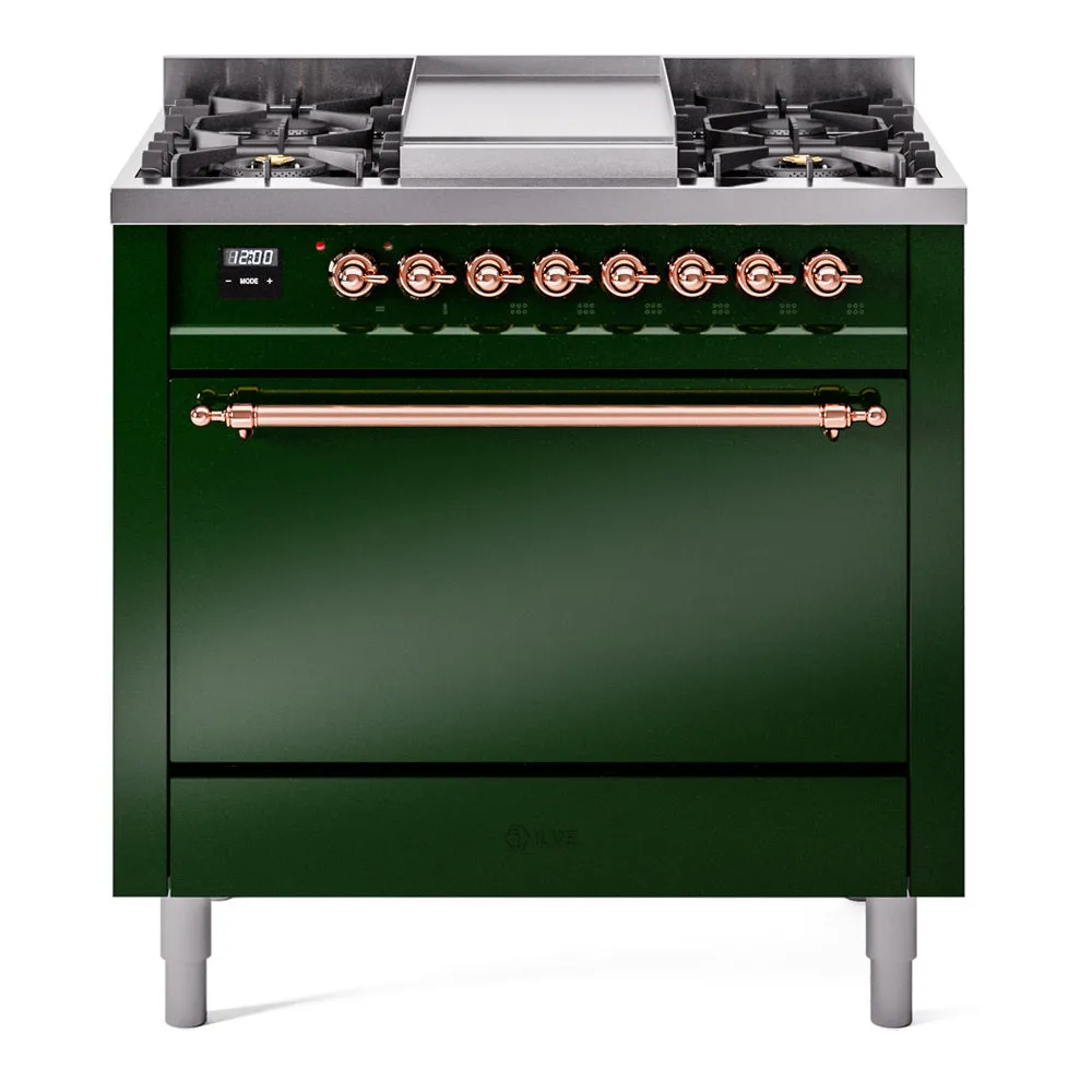 Ilve UP36FQNMPEGP Nostalgie Ii 36 Inch Dual Fuel Natural Gas Freestanding Range In Emerald Green With Copper Trim