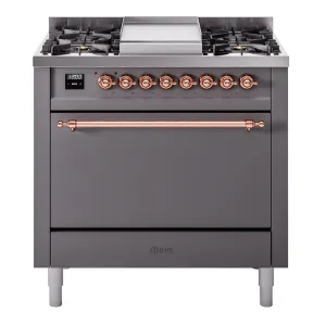 Ilve UP36FQNMPMGP Nostalgie Ii 36 Inch Dual Fuel Natural Gas Freestanding Range In Matte Graphite With Copper Trim