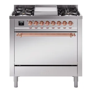 Ilve UP36FQNMPSSPLP Nostalgie Ii 36 Inch Dual Fuel Liquid Propane Freestanding Range In Stainless Steel With Copper Trim