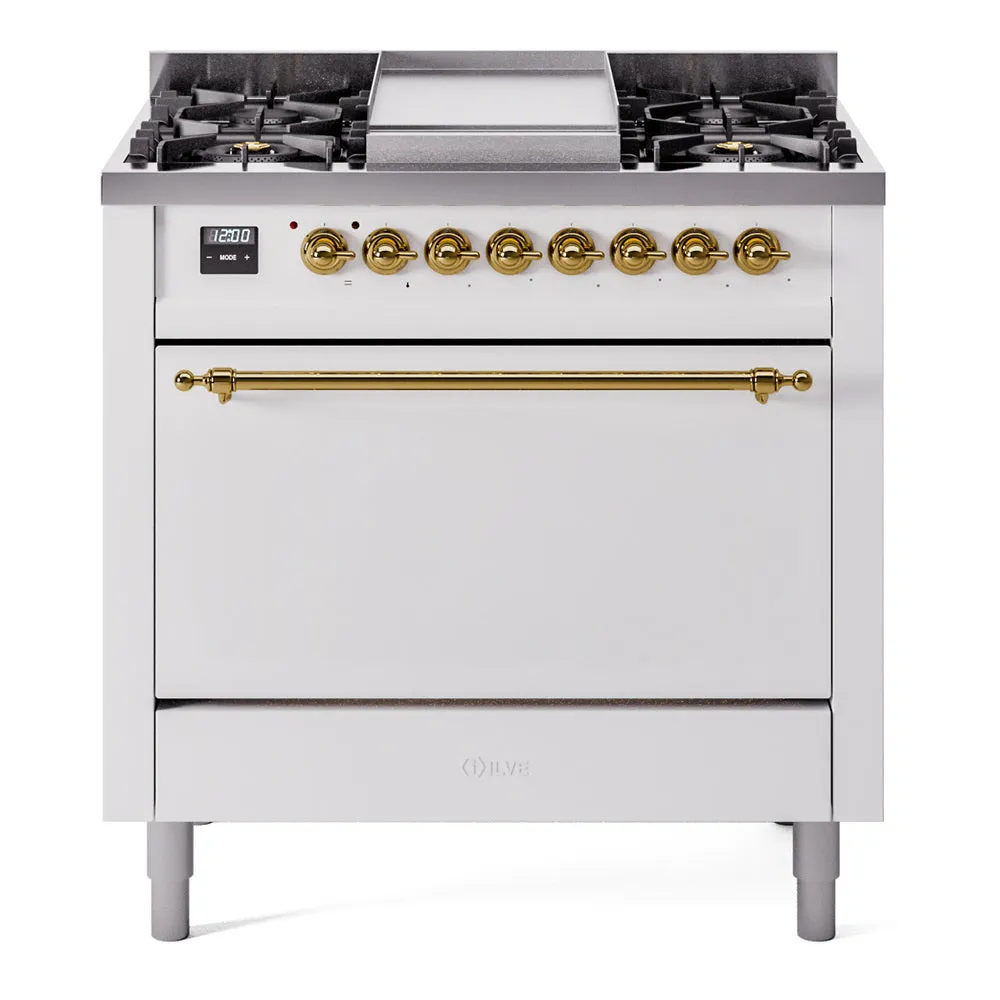 Ilve UP36FQNMPWHGLP Nostalgie Ii 36 Inch Dual Fuel Liquid Propane Freestanding Range In White With Brass Trim