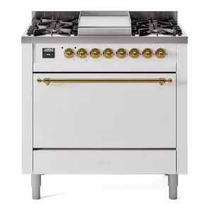 Ilve UP36FQNMPWHGLP Nostalgie Ii 36 Inch Dual Fuel Liquid Propane Freestanding Range In White With Brass Trim