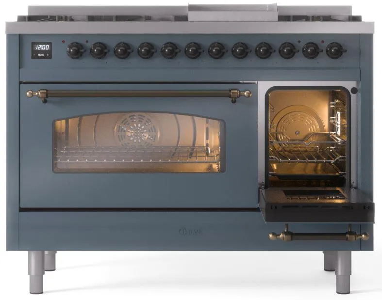 Ilve UP48FNMPBGB Nostalgie Ii 48 Inch Dual Fuel Natural Gas Freestanding Range In Blue Grey With Bronze Trim