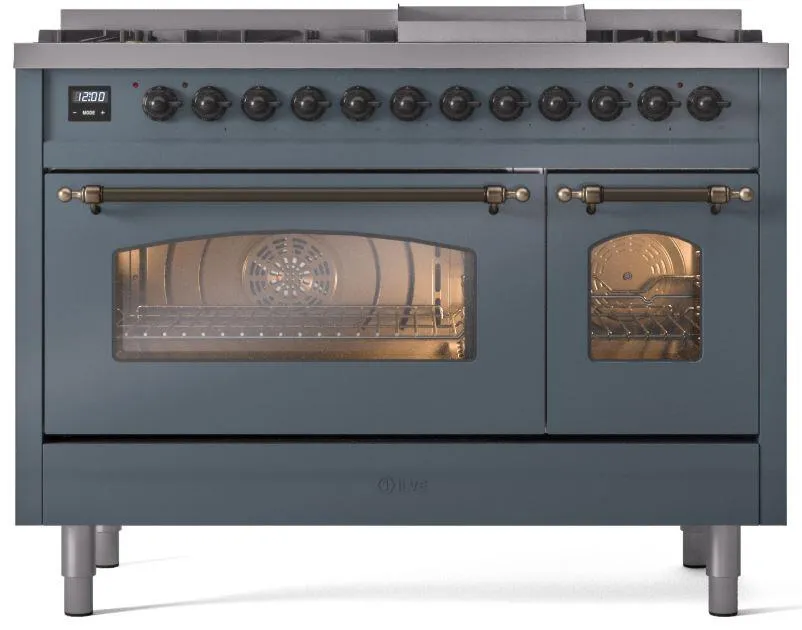 Ilve UP48FNMPBGB Nostalgie Ii 48 Inch Dual Fuel Natural Gas Freestanding Range In Blue Grey With Bronze Trim