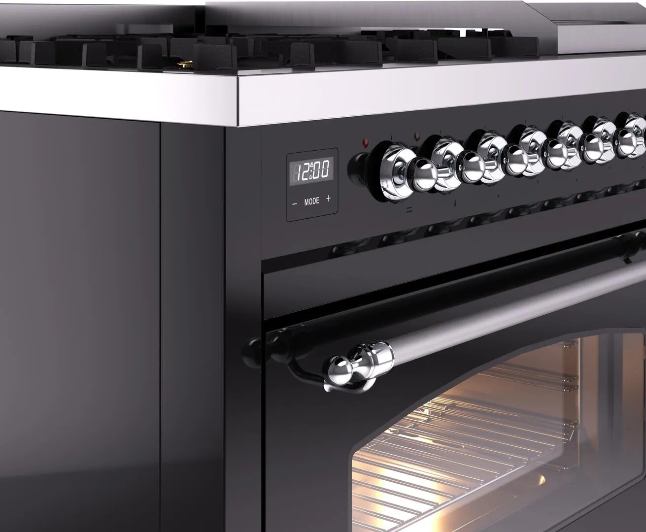Ilve UP48FNMPBKC Nostalgie Ii 48 Inch Dual Fuel Natural Gas Freestanding Range In Glossy Black With Chrome Trim
