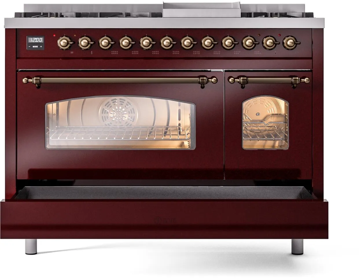 Ilve UP48FNMPBUB Nostalgie Ii 48 Inch Dual Fuel Natural Gas Freestanding Range In Burgundy With Bronze Trim
