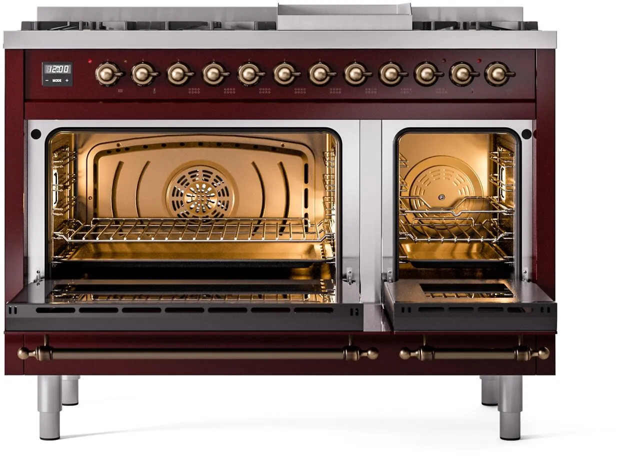 Ilve UP48FNMPBUB Nostalgie Ii 48 Inch Dual Fuel Natural Gas Freestanding Range In Burgundy With Bronze Trim