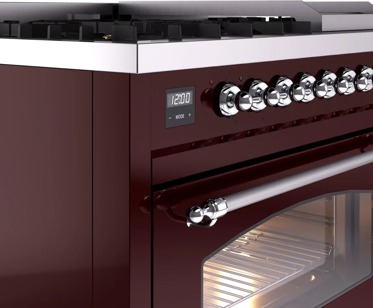 Ilve UP48FNMPBUC Nostalgie Ii 48 Inch Dual Fuel Natural Gas Freestanding Range In Burgundy With Chrome Trim