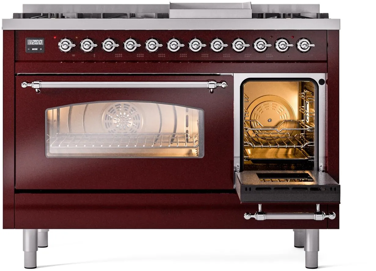 Ilve UP48FNMPBUC Nostalgie Ii 48 Inch Dual Fuel Natural Gas Freestanding Range In Burgundy With Chrome Trim