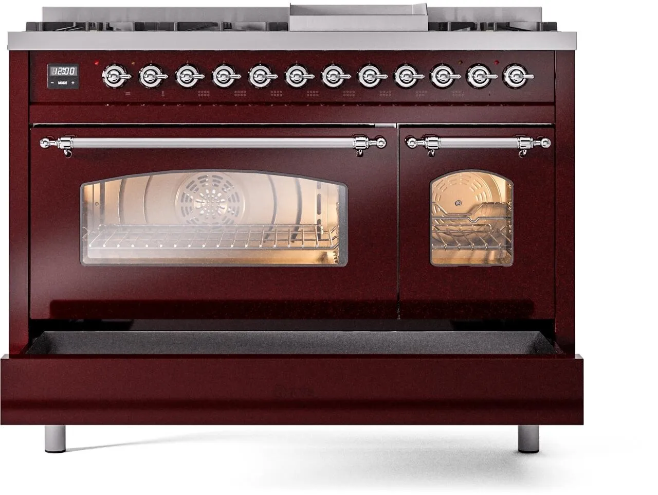 Ilve UP48FNMPBUC Nostalgie Ii 48 Inch Dual Fuel Natural Gas Freestanding Range In Burgundy With Chrome Trim