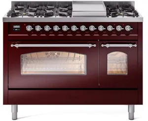 Ilve UP48FNMPBUC Nostalgie Ii 48 Inch Dual Fuel Natural Gas Freestanding Range In Burgundy With Chrome Trim