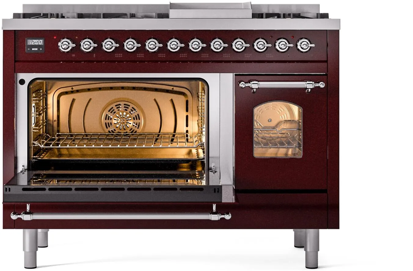 Ilve UP48FNMPBUC Nostalgie Ii 48 Inch Dual Fuel Natural Gas Freestanding Range In Burgundy With Chrome Trim