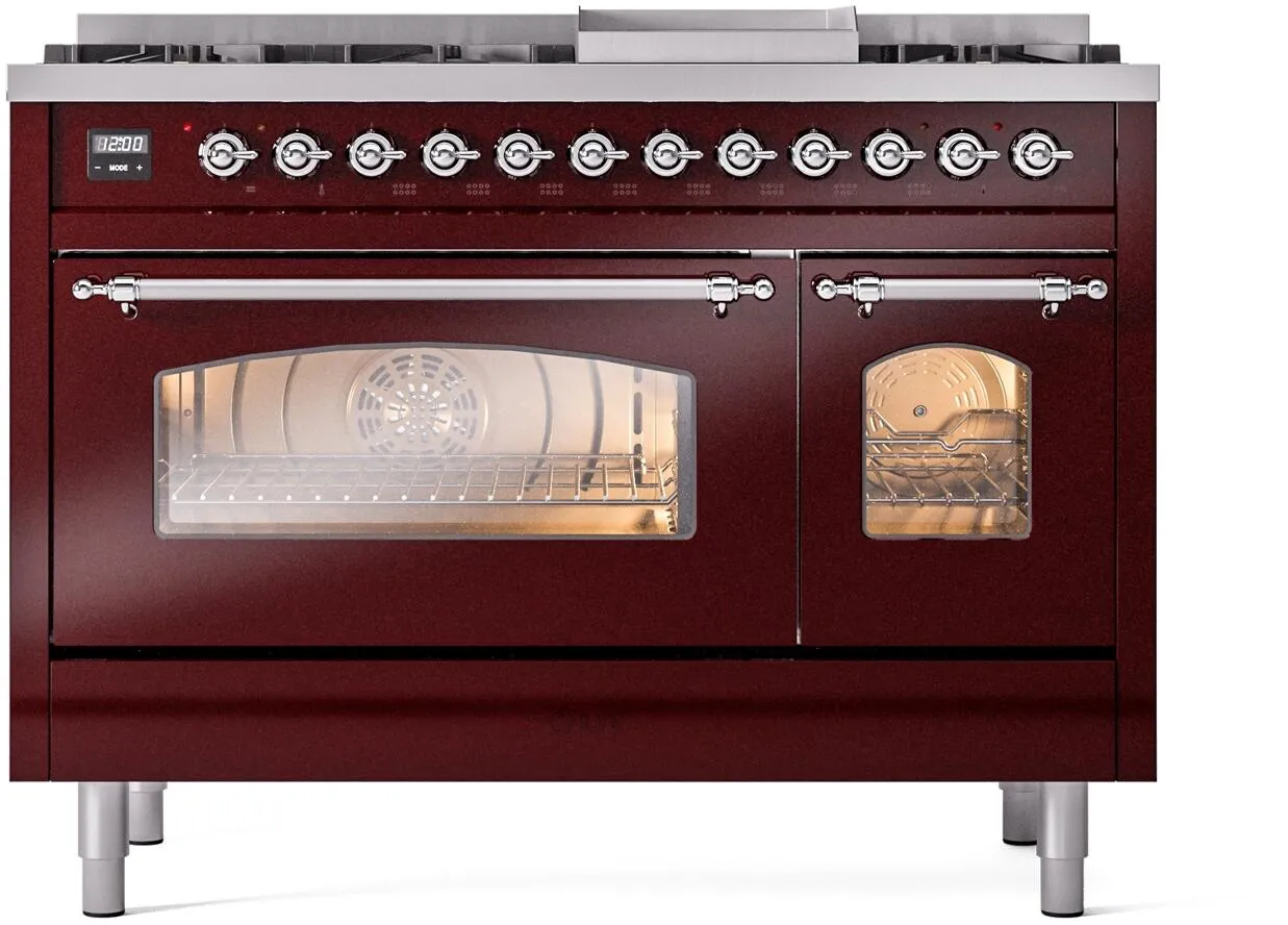 Ilve UP48FNMPBUC Nostalgie Ii 48 Inch Dual Fuel Natural Gas Freestanding Range In Burgundy With Chrome Trim