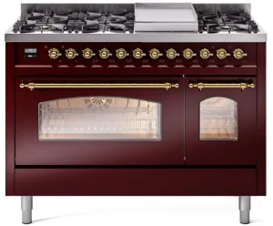 Ilve UP48FNMPBUG Nostalgie Ii 48 Inch Dual Fuel Natural Gas Freestanding Range In Burgundy With Brass Trim