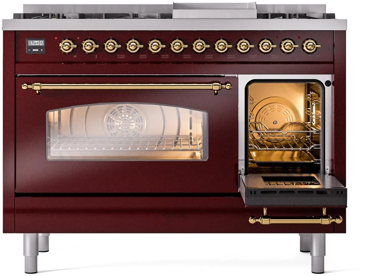 Ilve UP48FNMPBUGLP Nostalgie Ii 48 Inch Dual Fuel Liquid Propane Freestanding Range In Burgundy With Brass Trim