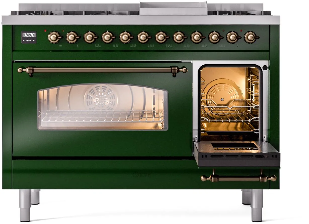 Ilve UP48FNMPEGB Nostalgie Ii 48 Inch Dual Fuel Natural Gas Freestanding Range In Emerald Green With Bronze Trim