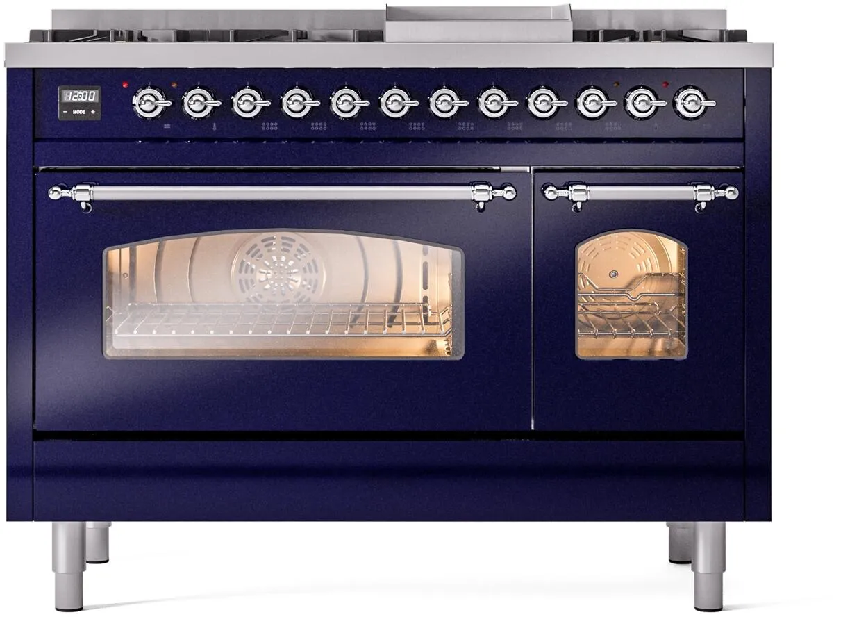 Ilve UP48FNMPMBCLP Nostalgie Ii 48 Inch Dual Fuel Liquid Propane Freestanding Range In Blue With Chrome Trim