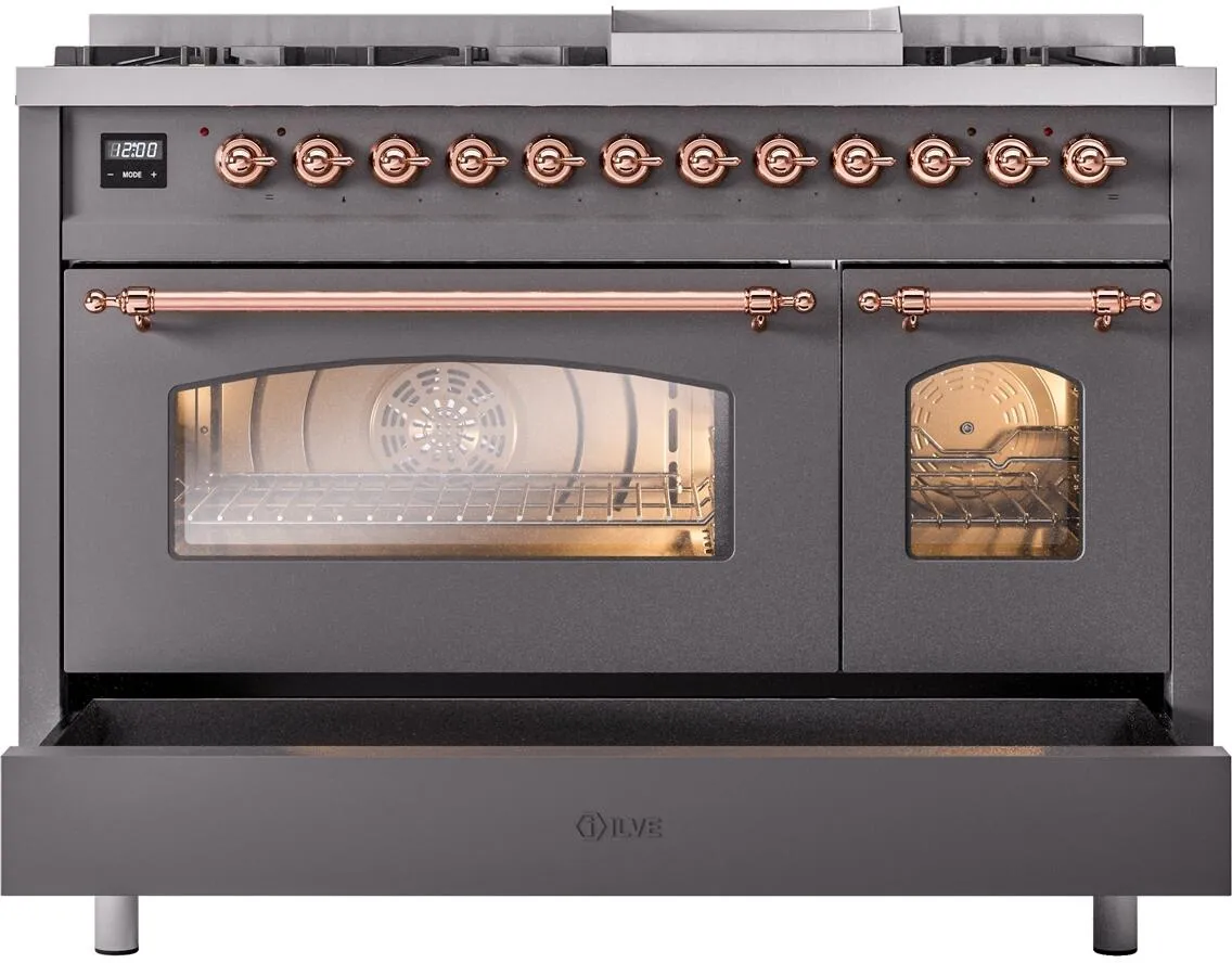 Ilve UP48FNMPMGP Nostalgie Ii 48 Inch Dual Fuel Natural Gas Freestanding Range In Matte Graphite With Copper Trim