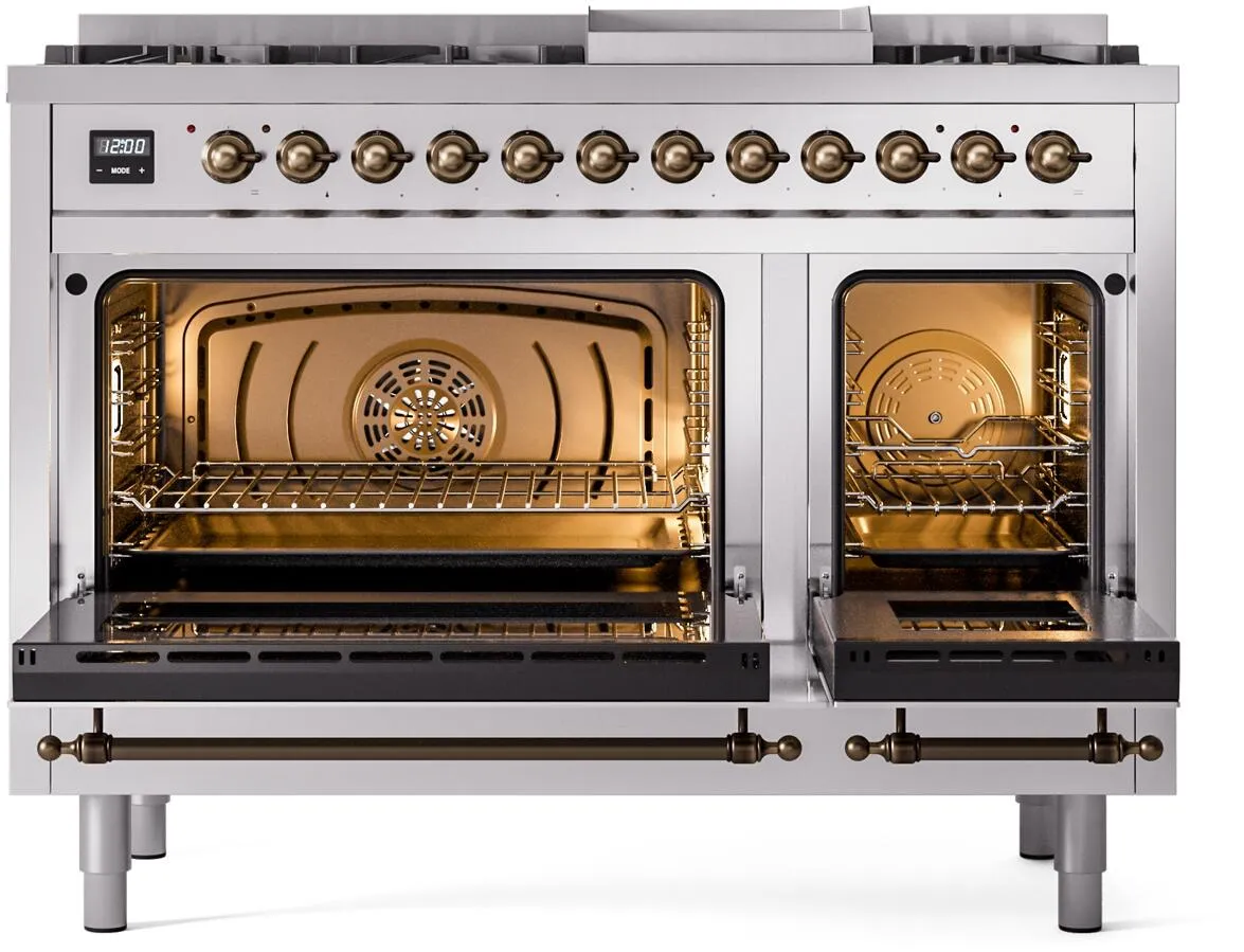 Ilve UP48FNMPSSB Nostalgie Ii 48 Inch Dual Fuel Natural Gas Freestanding Range In Stainless Steel With Bronze Trim