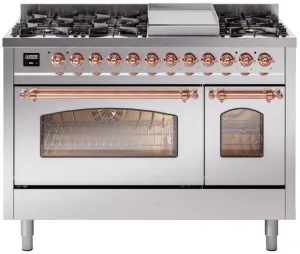 Ilve UP48FNMPSSP Nostalgie Ii 48 Inch Dual Fuel Natural Gas Freestanding Range In Stainless Steel With Copper Trim