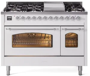 Ilve UP48FNMPWHCLP Nostalgie Ii 48 Inch Dual Fuel Liquid Propane Freestanding Range In White With Chrome Trim