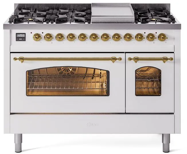 Ilve UP48FNMPWHGLP Nostalgie Ii 48 Inch Dual Fuel Liquid Propane Freestanding Range In White With Brass Trim