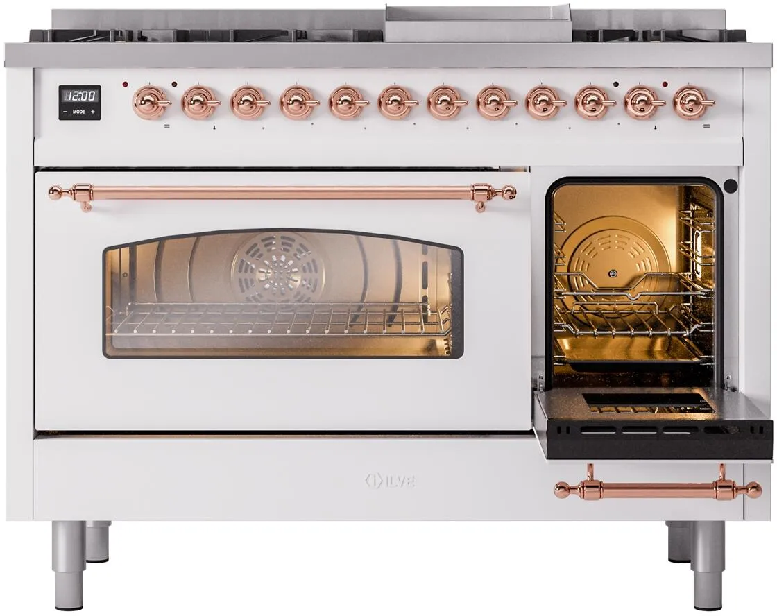 Ilve UP48FNMPWHP Nostalgie Ii 48 Inch Dual Fuel Natural Gas Freestanding Range In White With Copper Trim