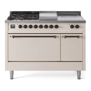 Ilve UP48FSQNMPAWBLP Nostalgie Ii 48 Inch Dual Fuel Liquid Propane Freestanding Range In Antique White With Bronze Trim