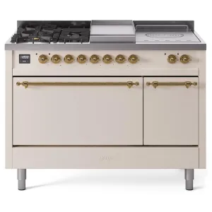 Ilve UP48FSQNMPAWGLP Ilve Nostalgie Ii 48 Up48Fsqnmpawg Freestanding Dual Fuel Range With 5 Sealed Burners And French Top Double Oven With Solid Door In Antique White With Brass Knobs